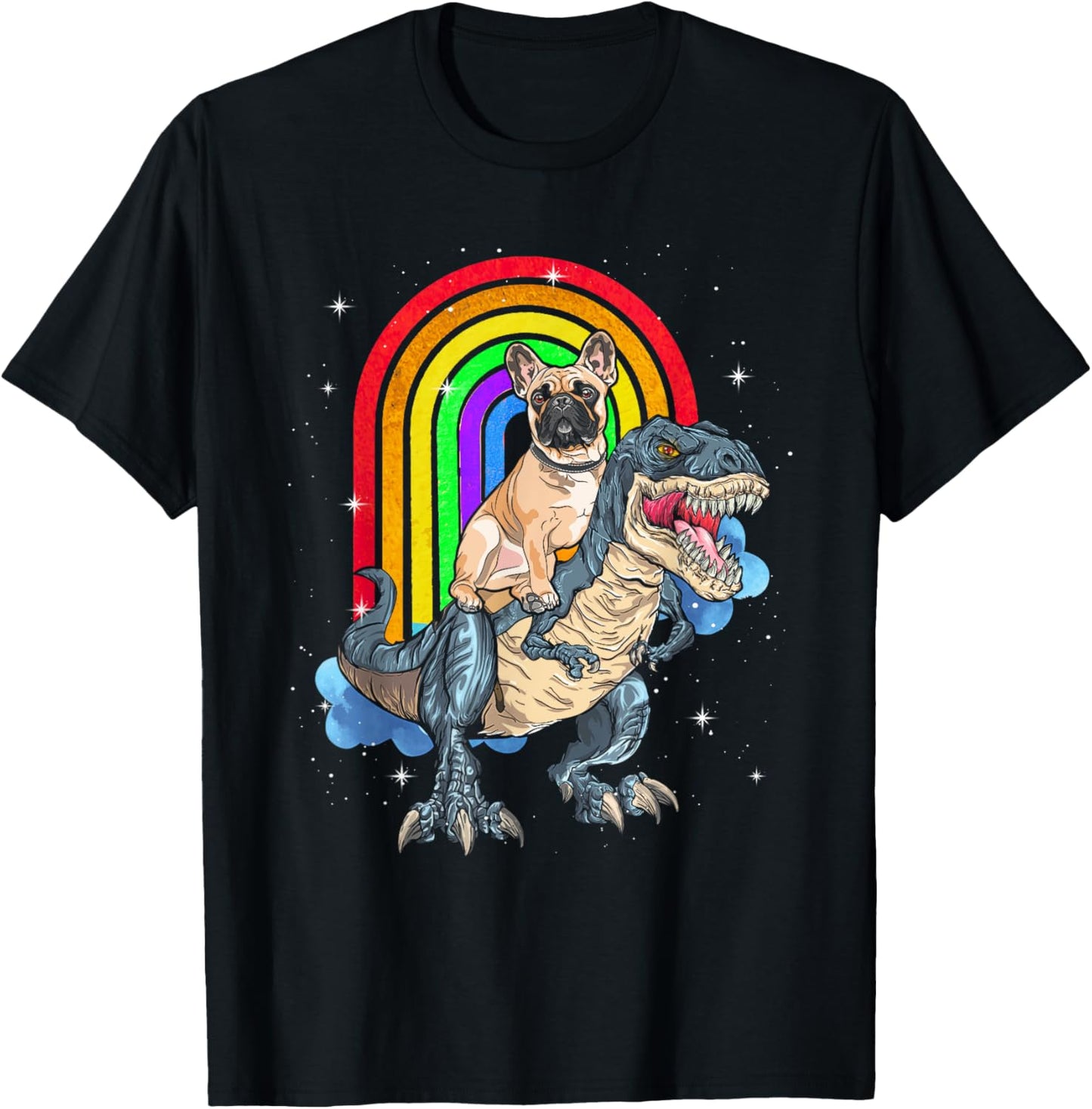 French Bulldog Riding Dinosaur T rex Rainbow Women Kids T-Shirt - T-Shirt | Black