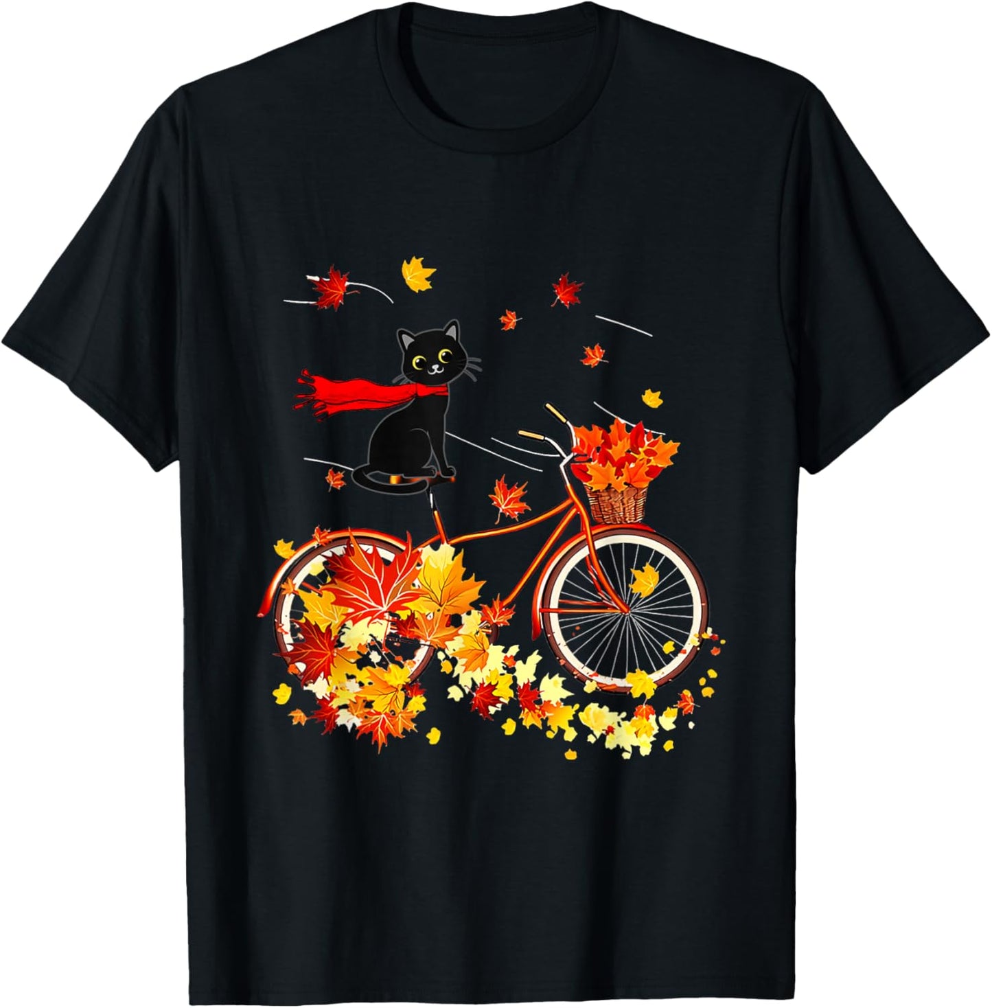 Black Cat Autumn Funny Fall Cycling Lover T-Shirt - T-Shirt | Black