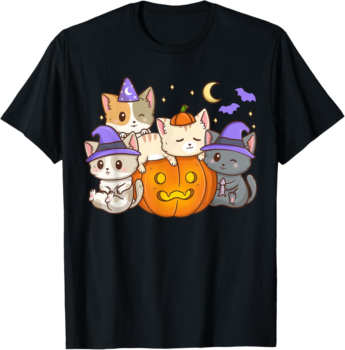Halloween Cats Anime Cat Kawaii Neko Pumpkin Cat Lover Witch T-Shirt - T-Shirt | Black