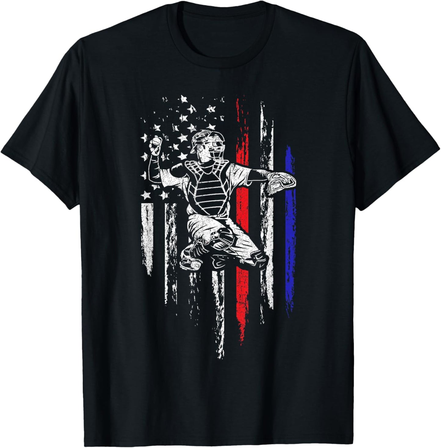 Baseball American Flag Patriotic Catcher 4th of July Gift T-Shirt - T-Shirt | Black