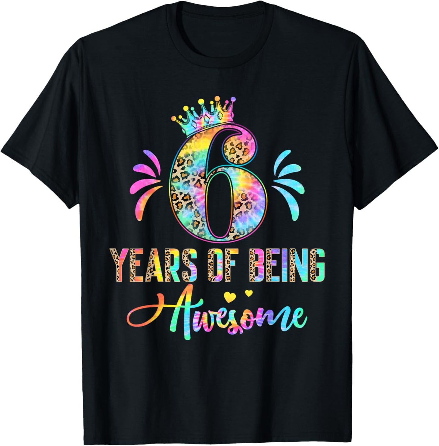 Kids Six Year Old Rainbow 6th Birthday Leopard for Girls 6 T-Shirt - T-Shirt | Black