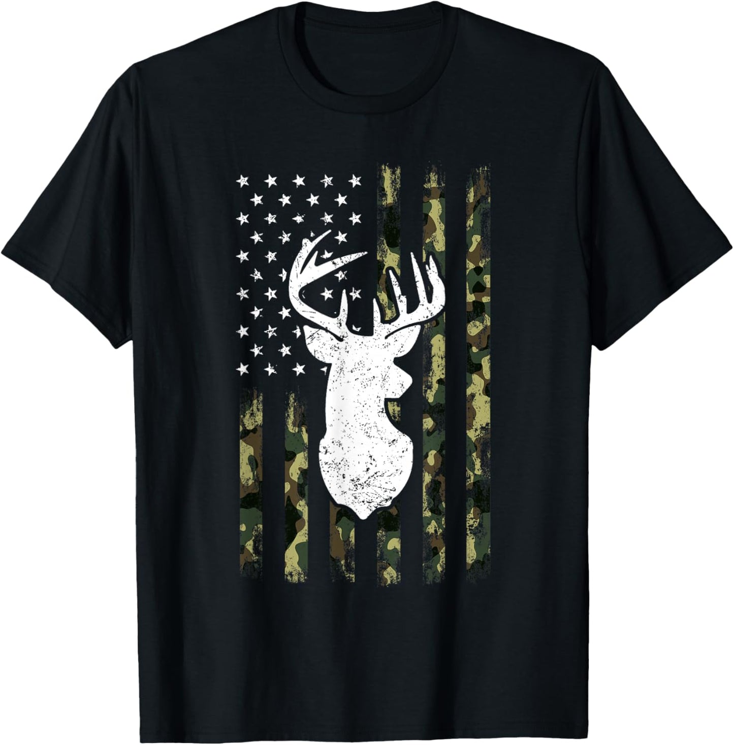 Hunting Shirt American Camouflage Flag Deer Silhouette T-Shirt - T-Shirt | Black