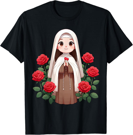 St Therese of Lisieux Kids Little Flower Rose Catholic Saint T-Shirt - T-Shirt | Black