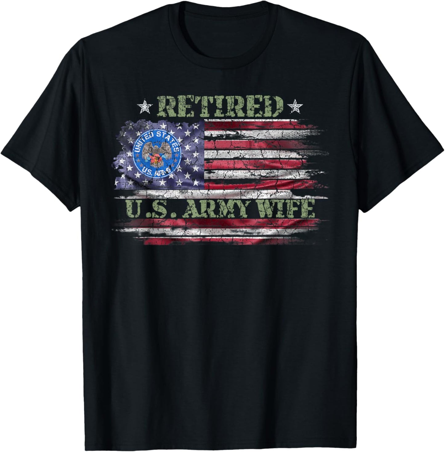 Vintage USA American Flag Proud Retired US Army Veteran Wife T-Shirt - T-Shirt | Black