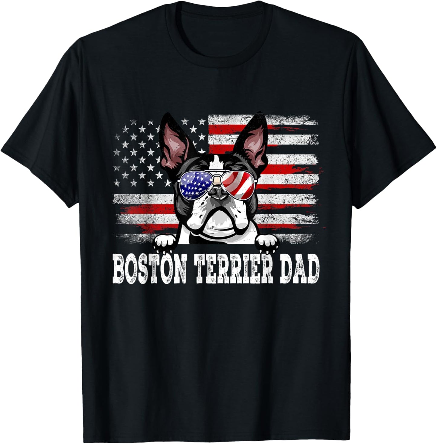 Vintage Boston Terrier Dad American Flag Father's Day T-Shirt - T-Shirt | Black