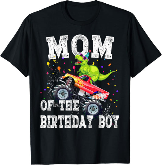 Mom of the Birthday Boy T Rex Dinosaur Monster Truck Family T-Shirt - T-Shirt | Black
