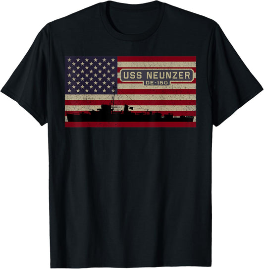 USS Neunzer DE-150 WW2 Ship American Flag T-Shirt - T-Shirt | Black