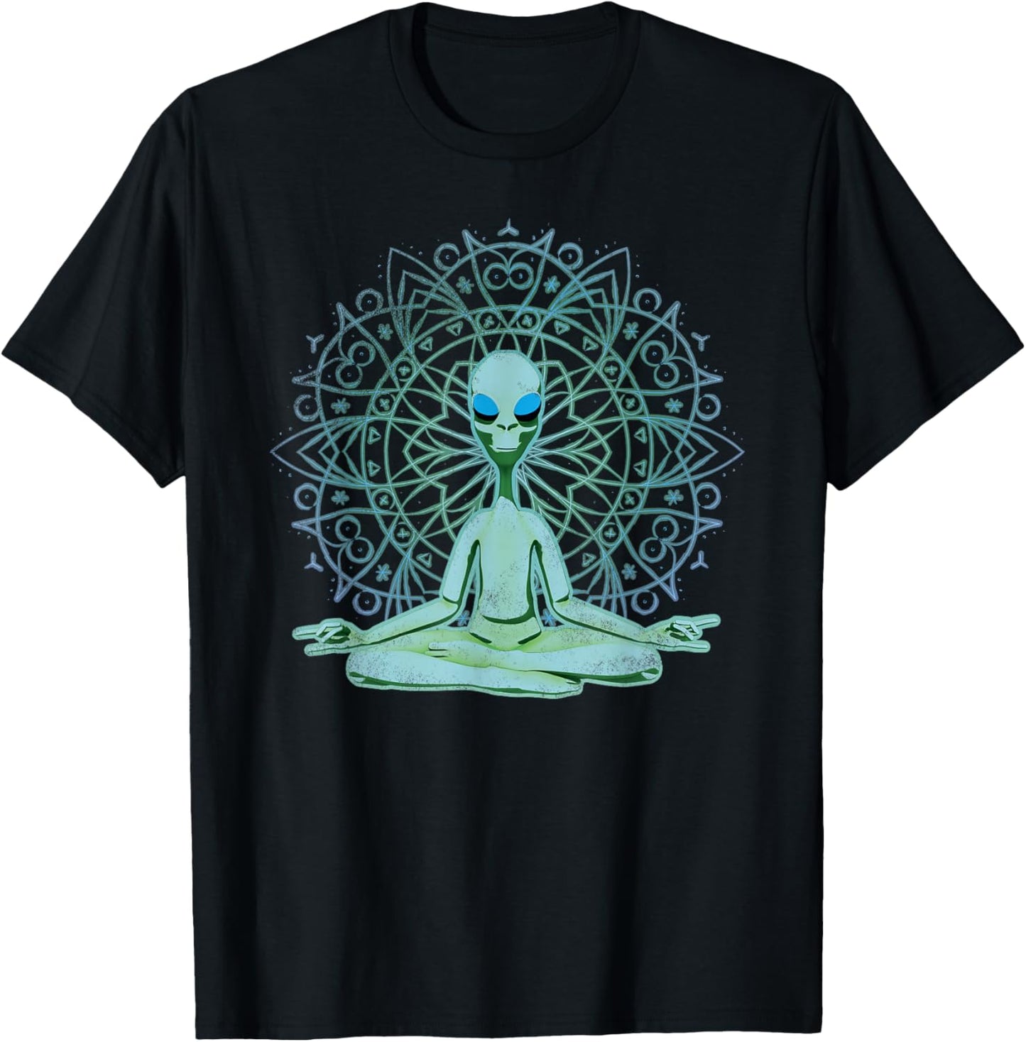 Alien Shirt UFO Mandala Meditating Green Alien Lotus Zen T-Shirt - T-Shirt | Black