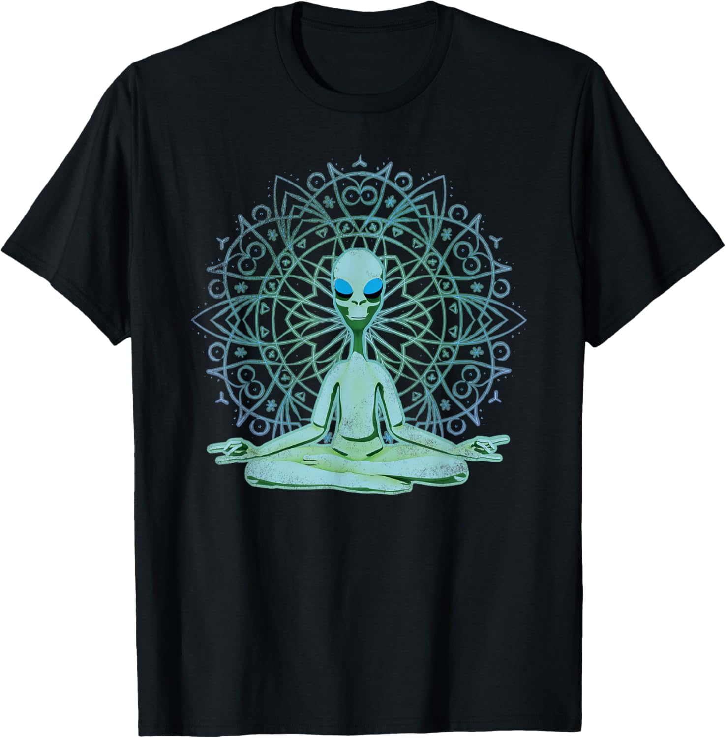 Alien Shirt UFO Mandala Meditating Green Alien Lotus Zen T-Shirt - T-Shirt | Black