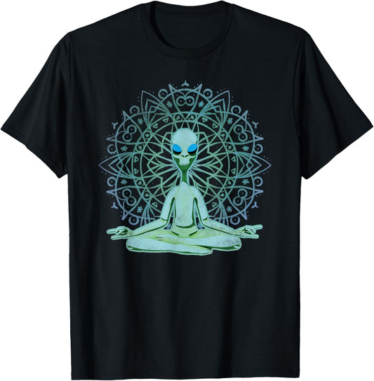 Alien Shirt UFO Mandala Meditating Green Alien Lotus Zen T-Shirt - T-Shirt | Black