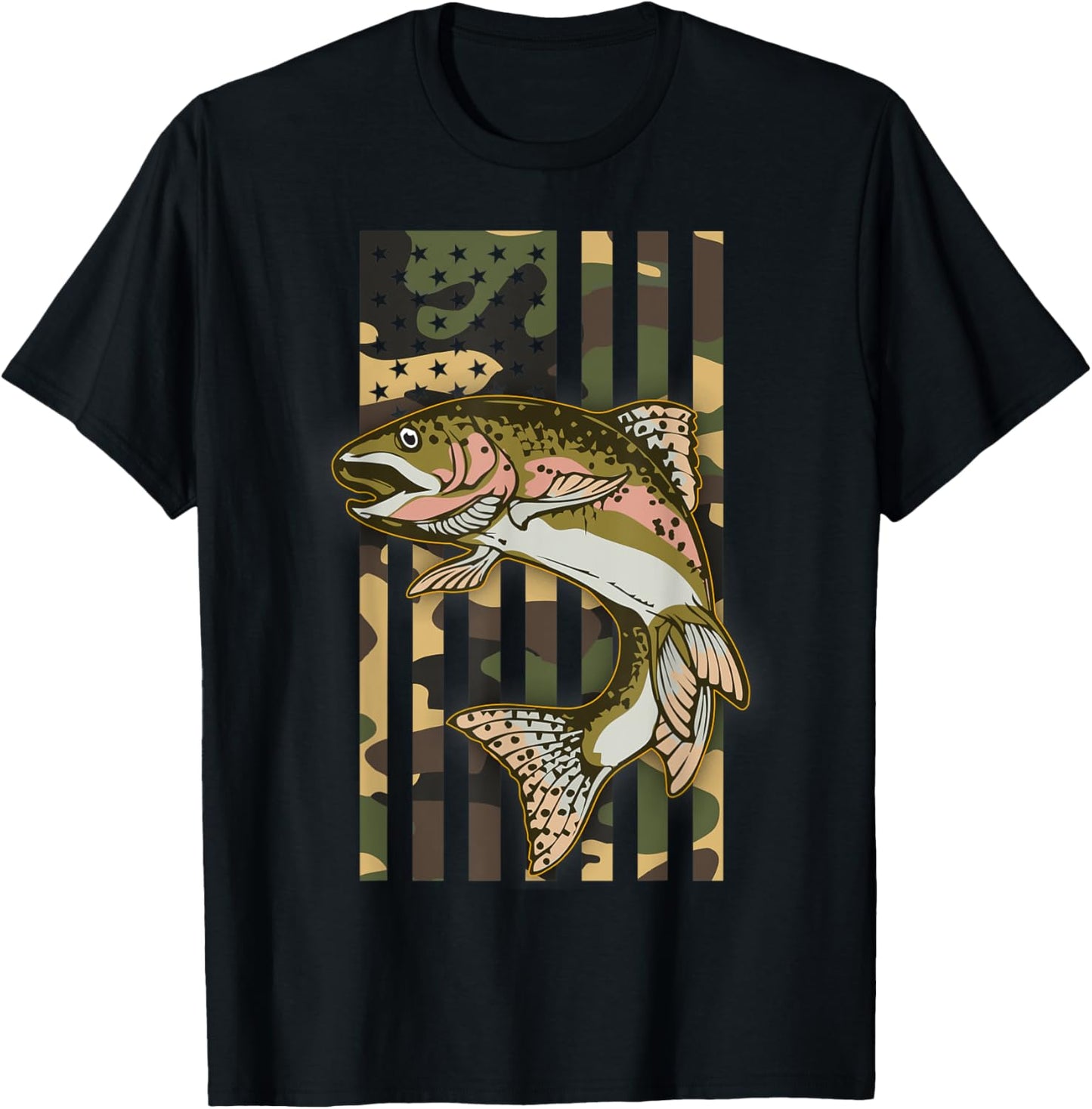 Trout Fishing Camo American Flag Rainbow Trout Fisherman T-Shirt - T-Shirt | Black