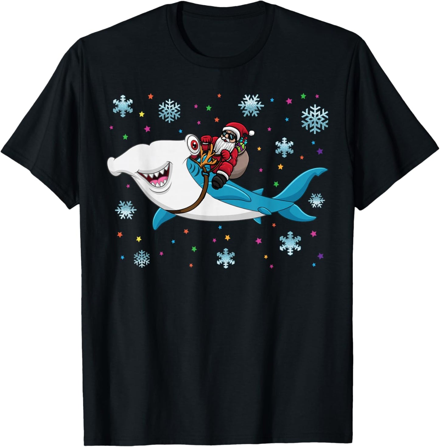 Santa Riding Hammerhead Shark Adorable Kids Boys Christmas T-Shirt - T-Shirt | Black
