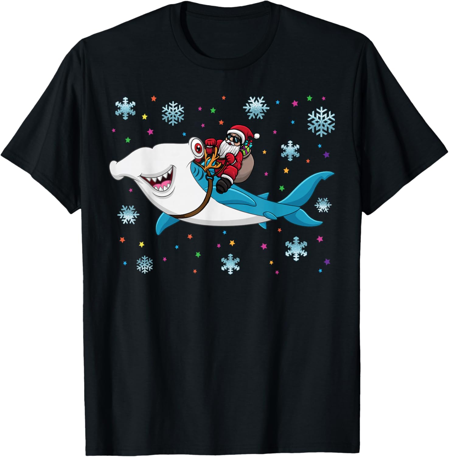 Santa Riding Hammerhead Shark Adorable Kids Boys Christmas T-Shirt - T-Shirt | Black
