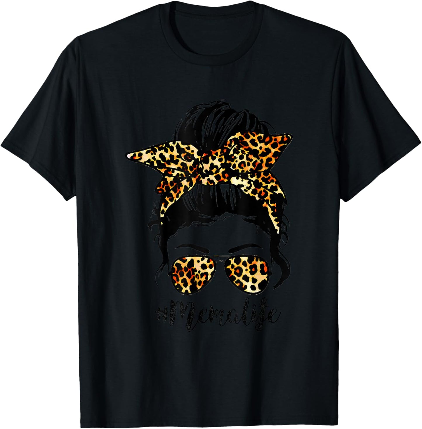 Mema Life Leopard Messy Bun Funny Mema Mother's Day gifts T-Shirt - T-Shirt | Black