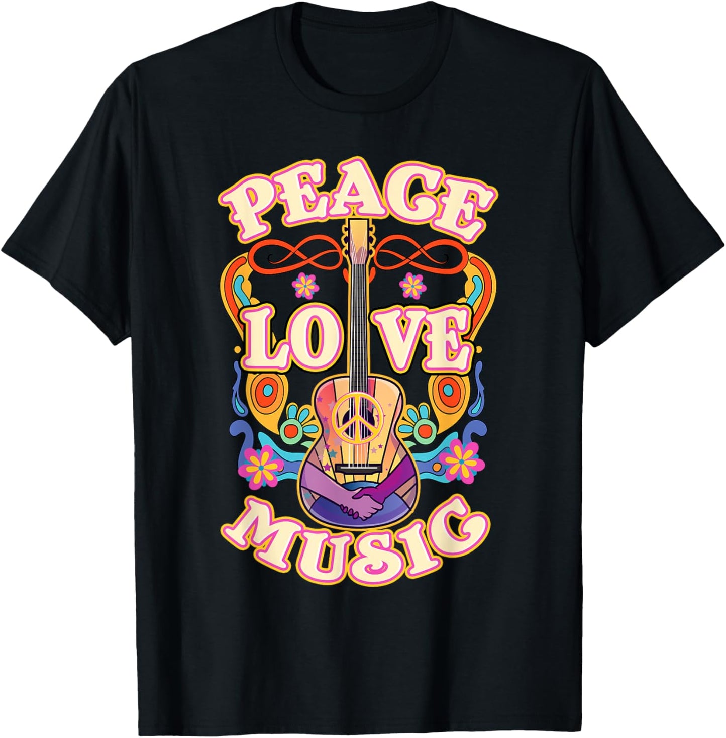 Retro Hippie Guitar Peace Love Music T-Shirt - T-Shirt | Black