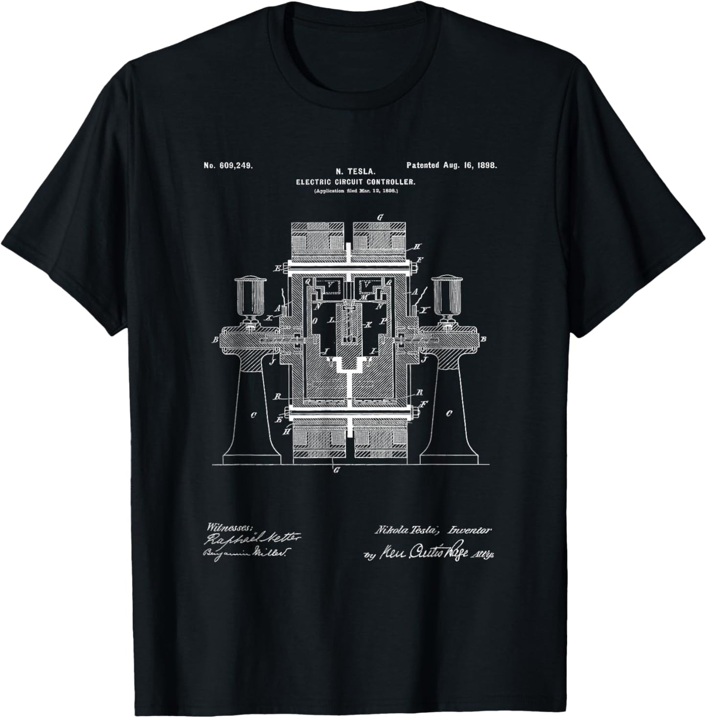 Tesla Electric Switch Regulator Patent Diagram Electrician T-Shirt - T-Shirt | Black