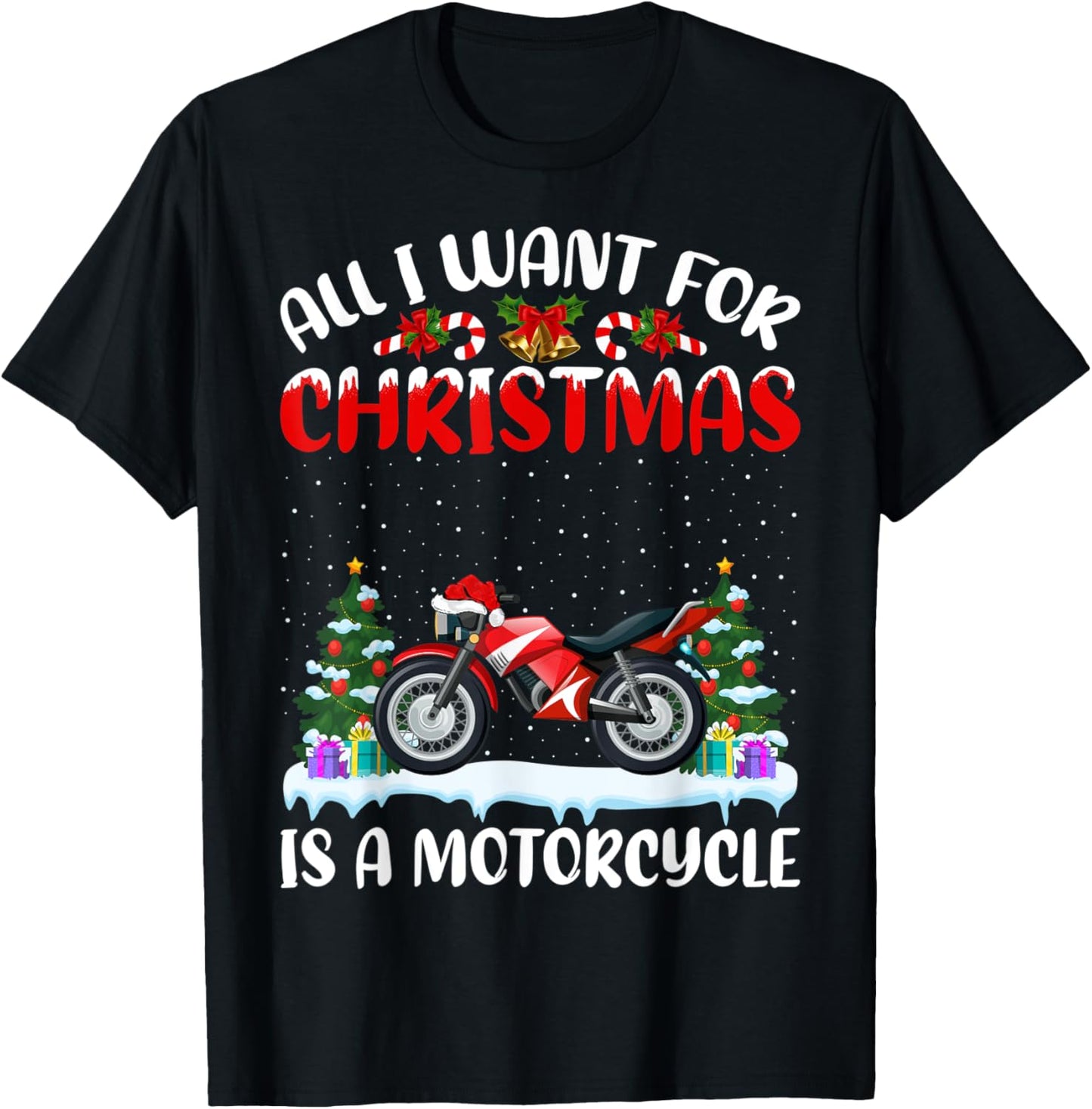 Funny Santa Hat All I Want For Christmas Is A Motorcycle T-Shirt - T-Shirt | Black