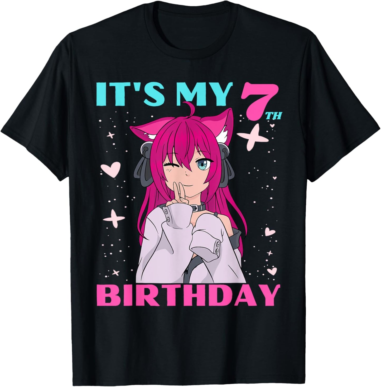 Anime Girl It's My 7th Birthday 7 Years Birthday Girl Kawaii T-Shirt - T-Shirt | Black