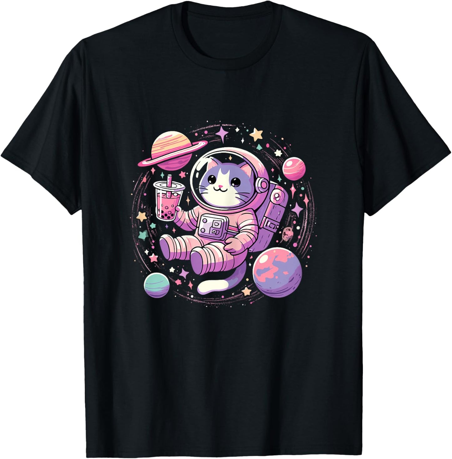 Kawaii Cat Bubble Tea Boba Tea In Space Astronaut T-Shirt - T-Shirt | Black