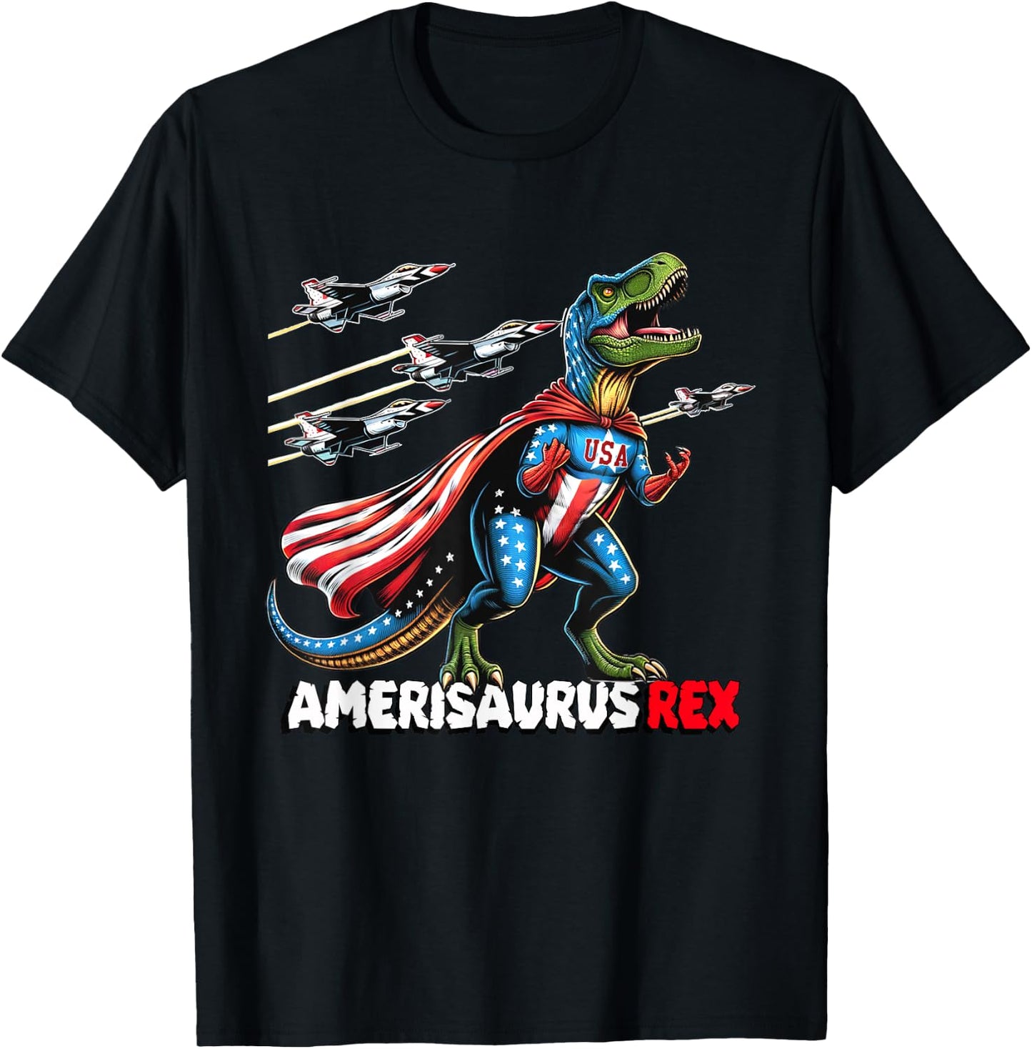 Amerisaurus T-Rex Patriotic Boys Girl 4th of July Flag Jets T-Shirt - T-Shirt | Black