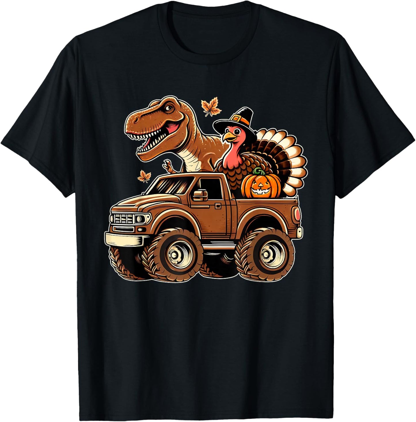 Happy Thanksgiving Dinosaur Turkey Riding Truck Kids Boys T-Shirt - T-Shirt | Black