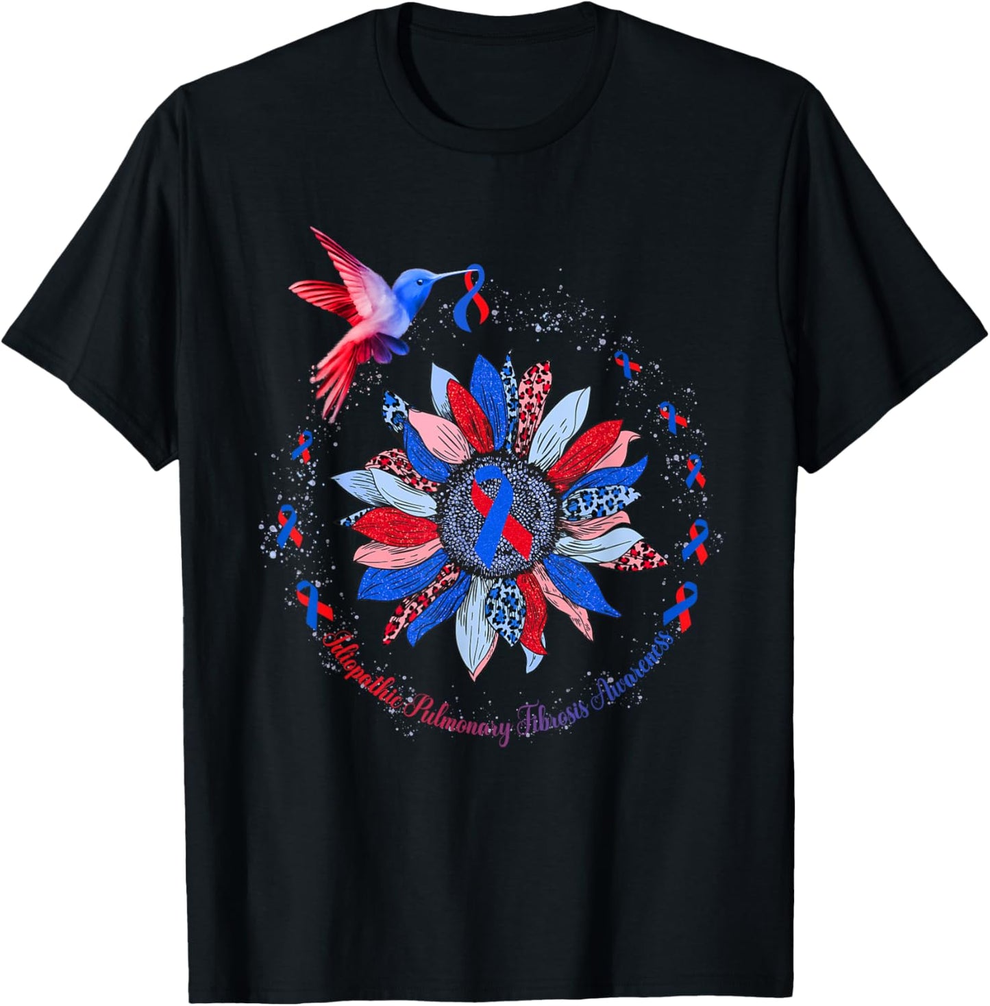 Sunflower Hummingbird Red Blue Ribbon Idiopathic Pulmonary T-Shirt - T-Shirt | Black
