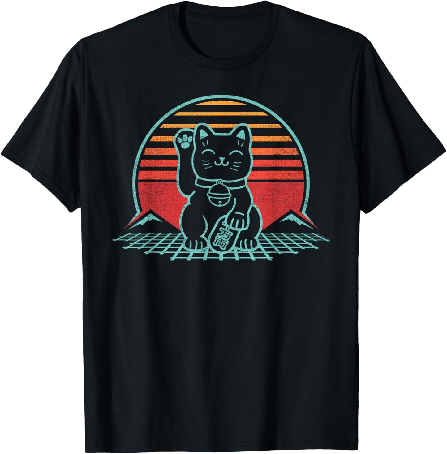 Maneki Neko Japanese Lucky Cat Retro Aesthetic Kawaii Small T-Shirt - T-Shirt | Black
