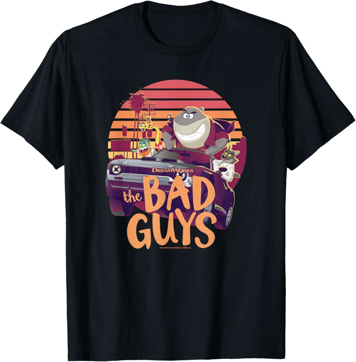 The Bad Guys Group Getaway Car Sunset Poster T-Shirt - T-Shirt | Black