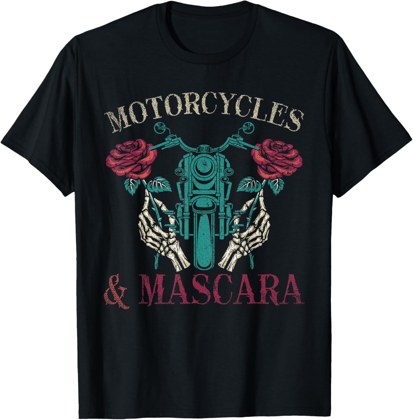 Motorbike Riding Women Motorcycles And Mascara Roses Biker T-Shirt - T-Shirt | Black