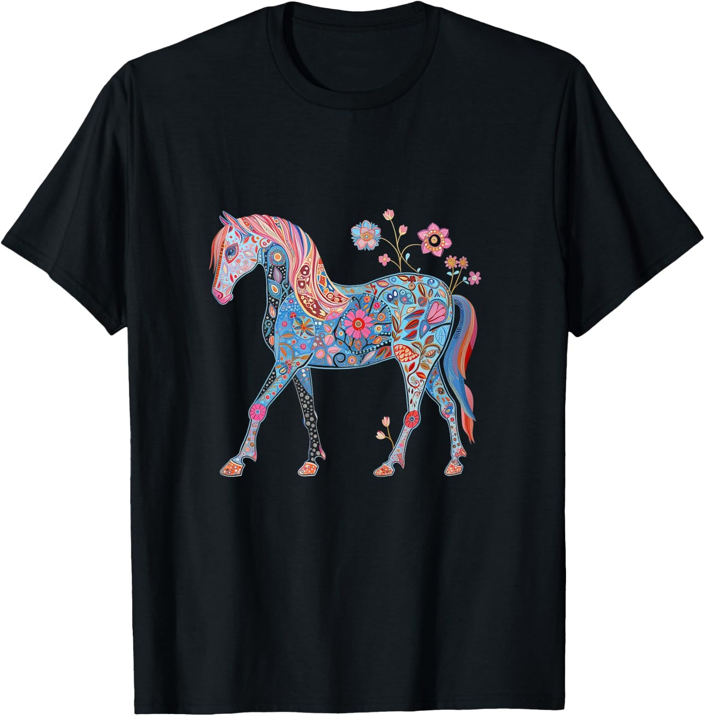 Horse Flowers Horseback Riding Equestrian Horse Girls Kids T-Shirt - T-Shirt | Black