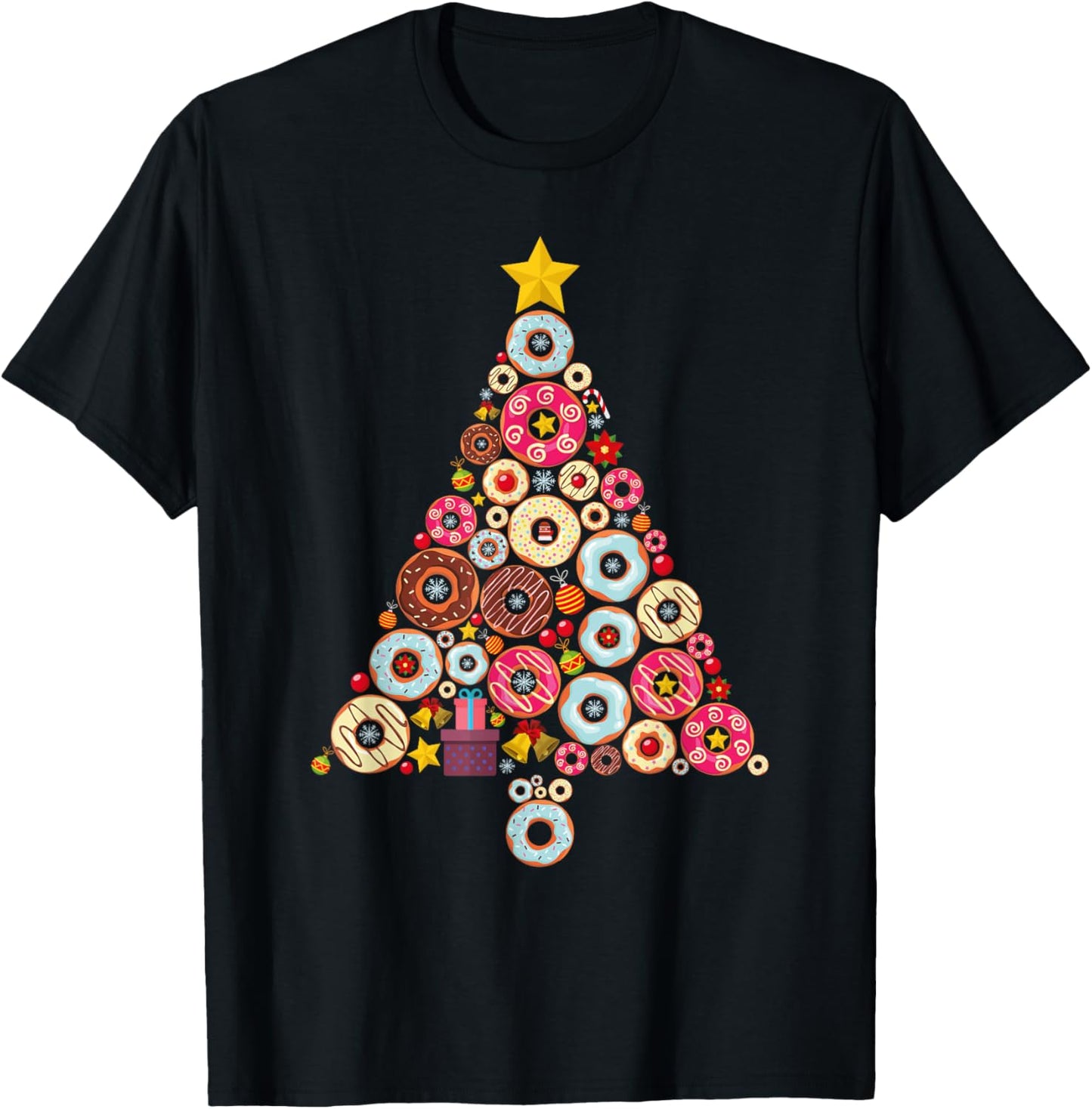 Donuts Christmas Tree Funny Doughnut Xmas Women Men Kids T-Shirt - T-Shirt | Black