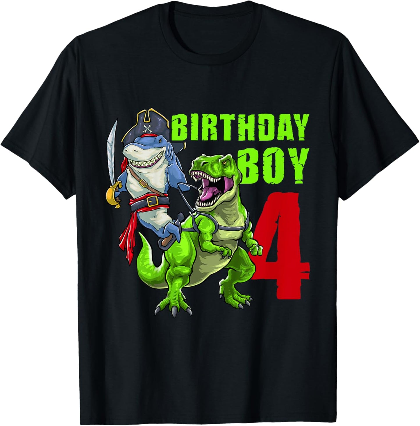 Kids 4th Birthday Boy 4 Years Old Dinosaur Pirate Shark T-Shirt - T-Shirt | Black