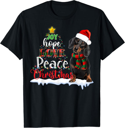 Cute Dachshund Joy Hope Love Peace Christmas Xmas Wiener Dog T-Shirt - T-Shirt | Black