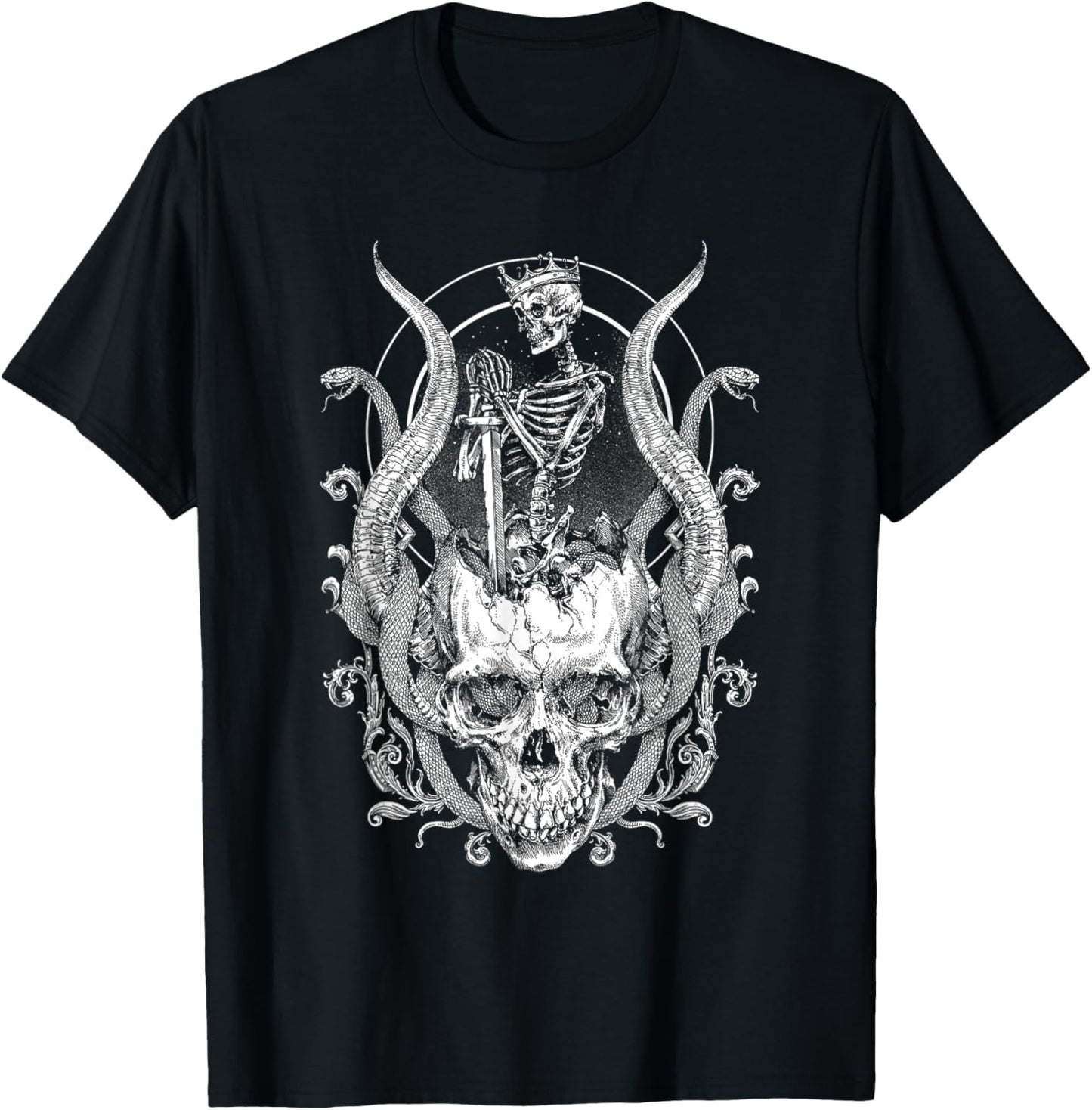 King Skull Skeleton Satanic Snake Gothic Horror Halloween T-Shirt - T-Shirt | Black
