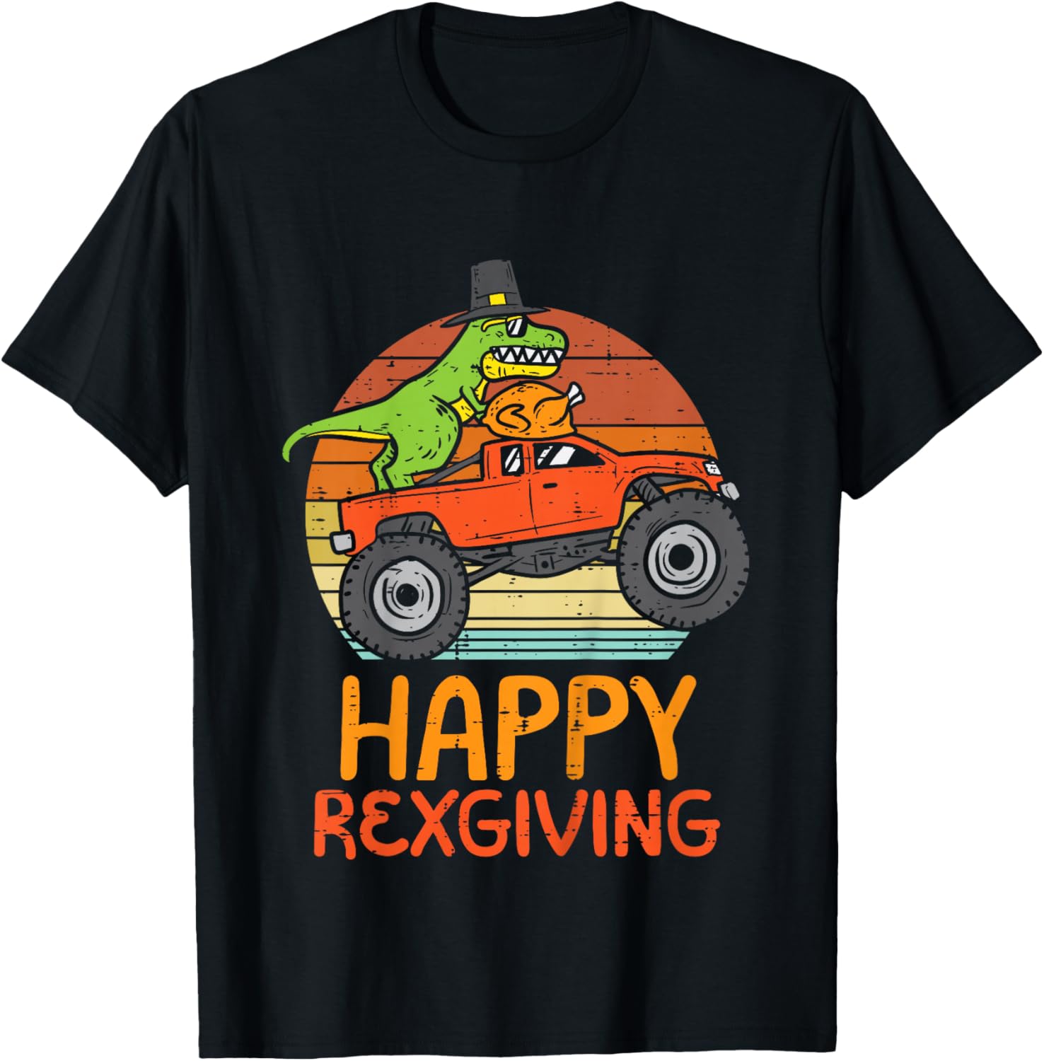 Kids Trex Monster Truck Happy Rexgiving Thanksgiving Boys Kids T-Shirt - T-Shirt | Black
