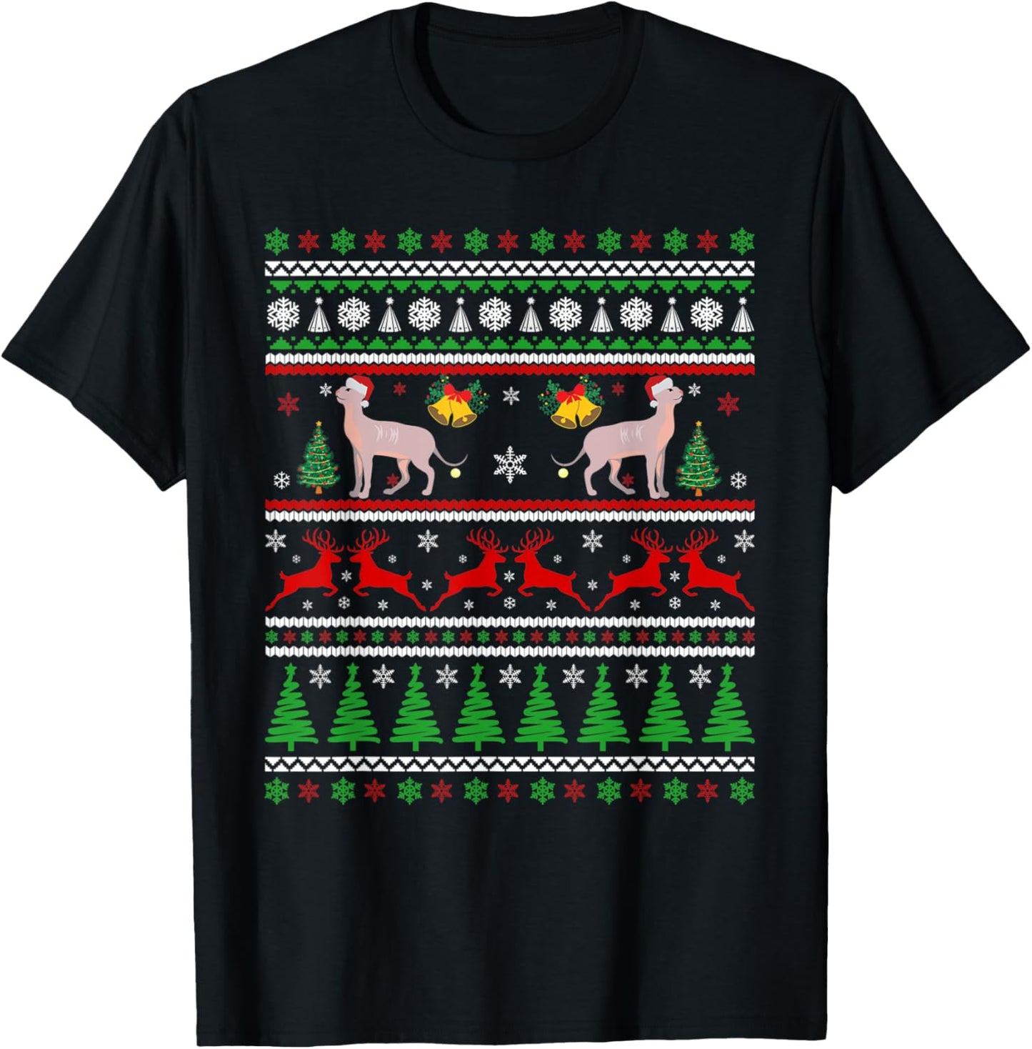 Christmas Sphynx Cat Paw Ugly Xmas Tree Lights Pajama Women Kids T-Shirt - T-Shirt | Black