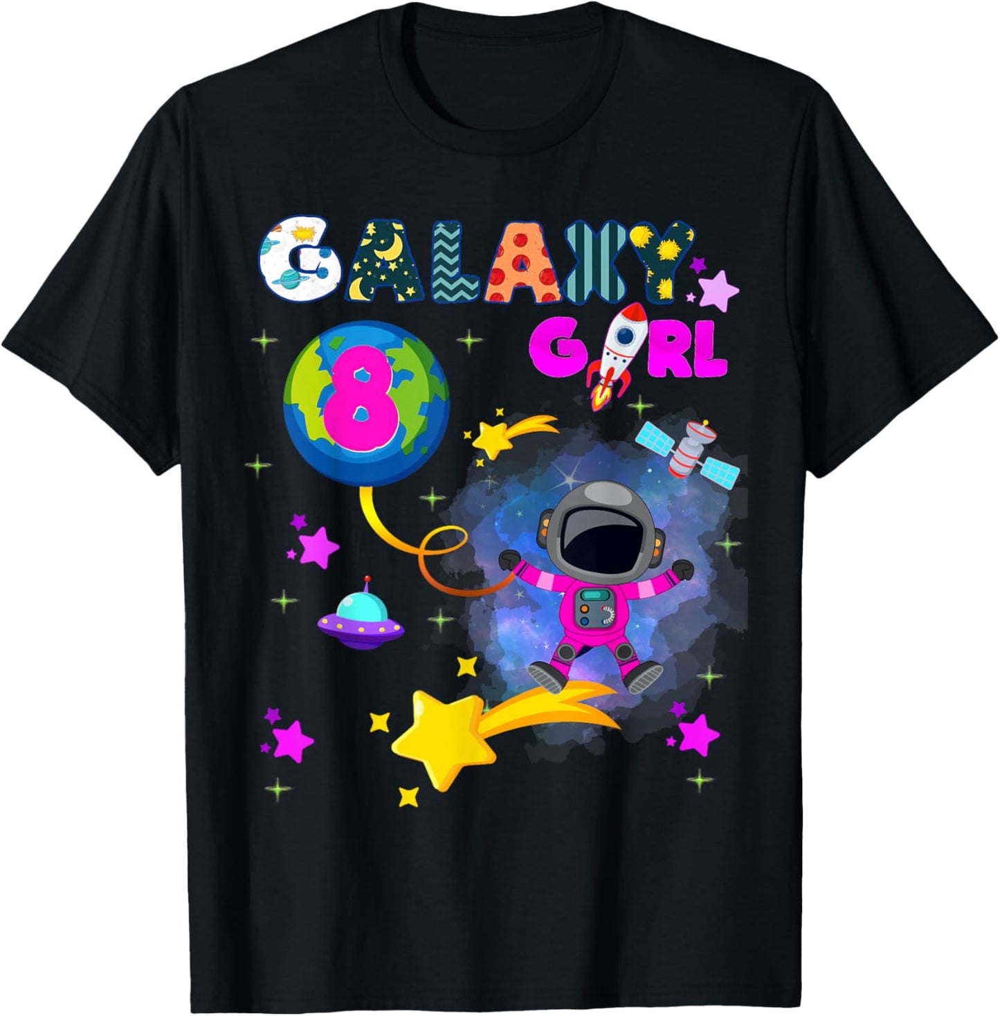Outer Space Galaxy Girl Party Matching Age 8 T-Shirt - T-Shirt | Black