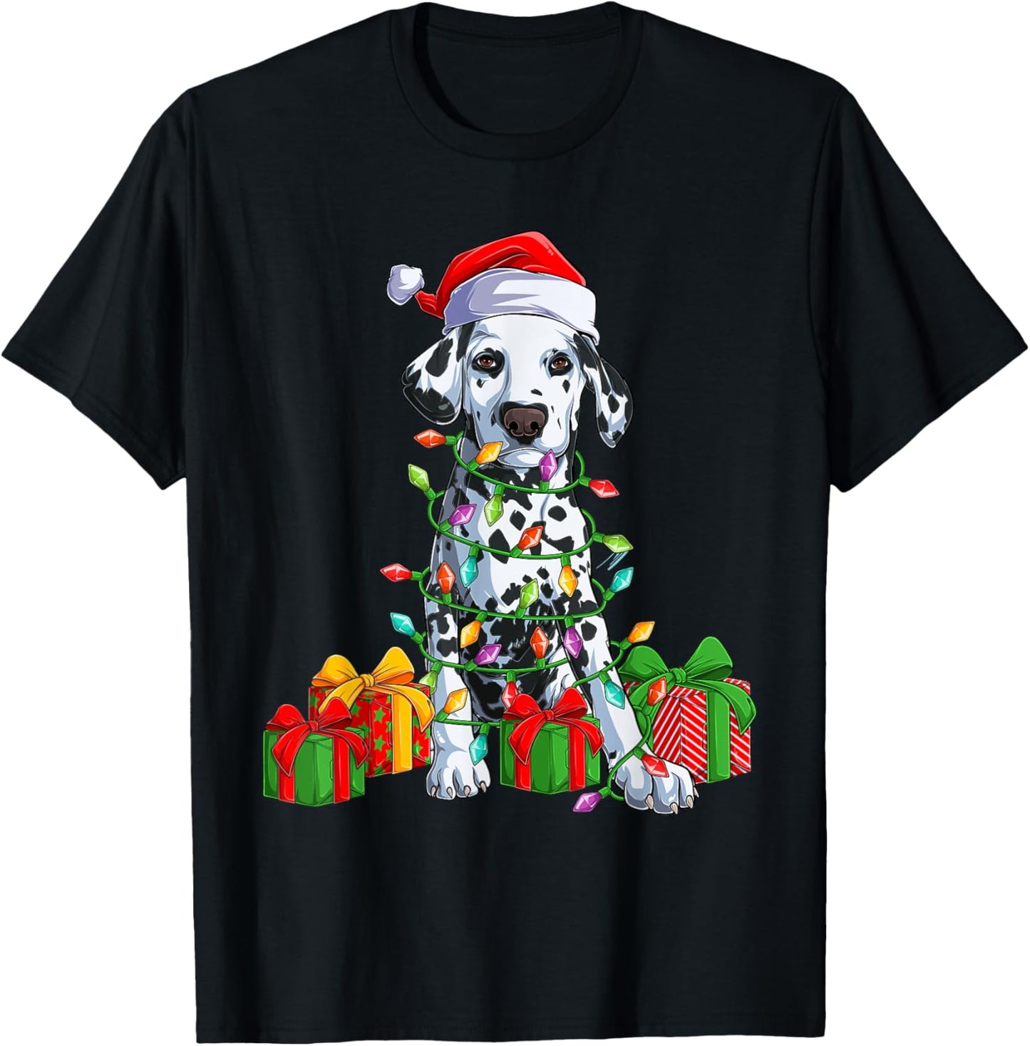 Christmas Dalmatian Christmas Tree Lights & Santa Hat Xmas T-Shirt - T-Shirt | Black
