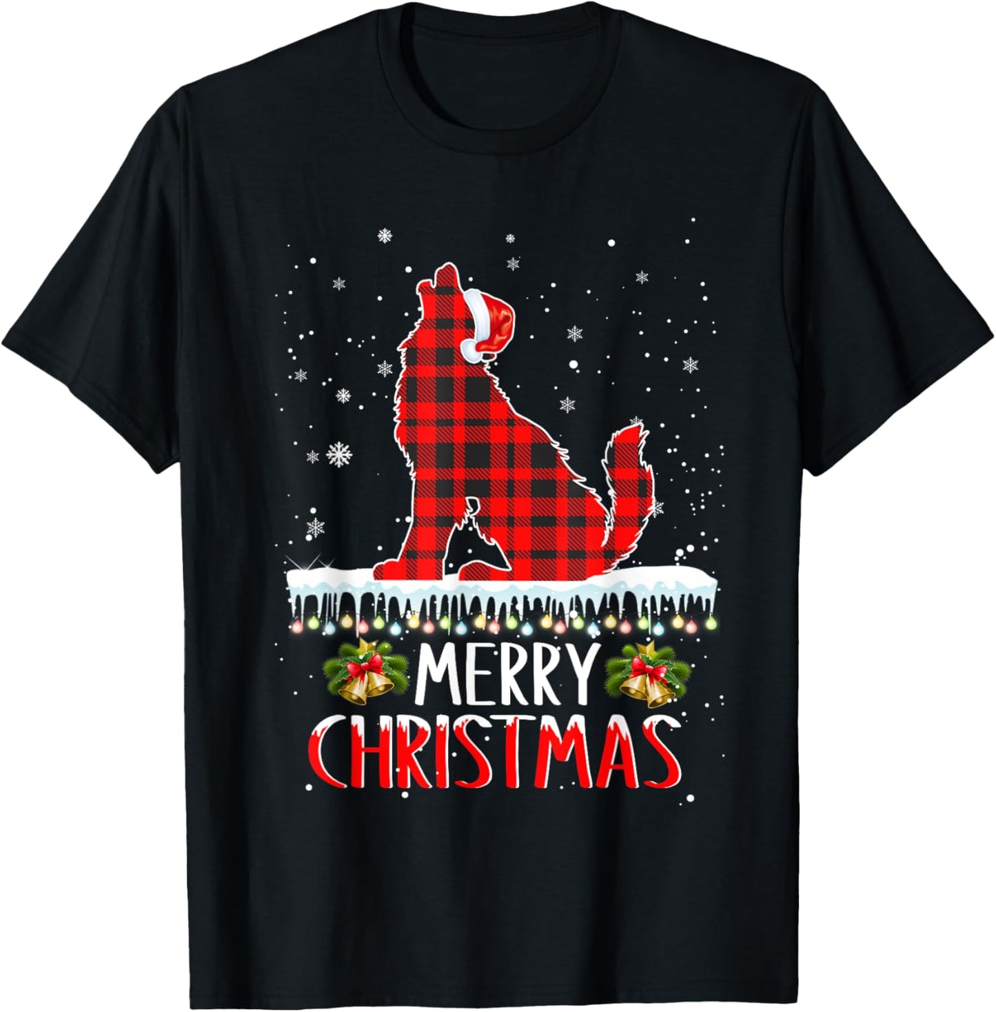 Wolf Christmas Merry Christmas Wolfs Dog Red Plaid T-Shirt - T-Shirt | Black