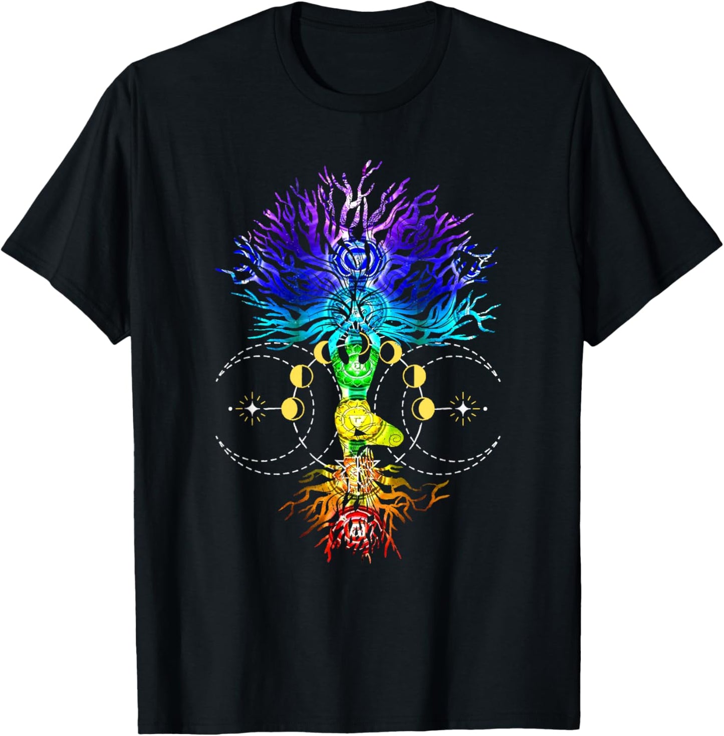 Chakra Tree of Life with Phases Of The Moon Hatha Yoga T-Shirt - T-Shirt | Black