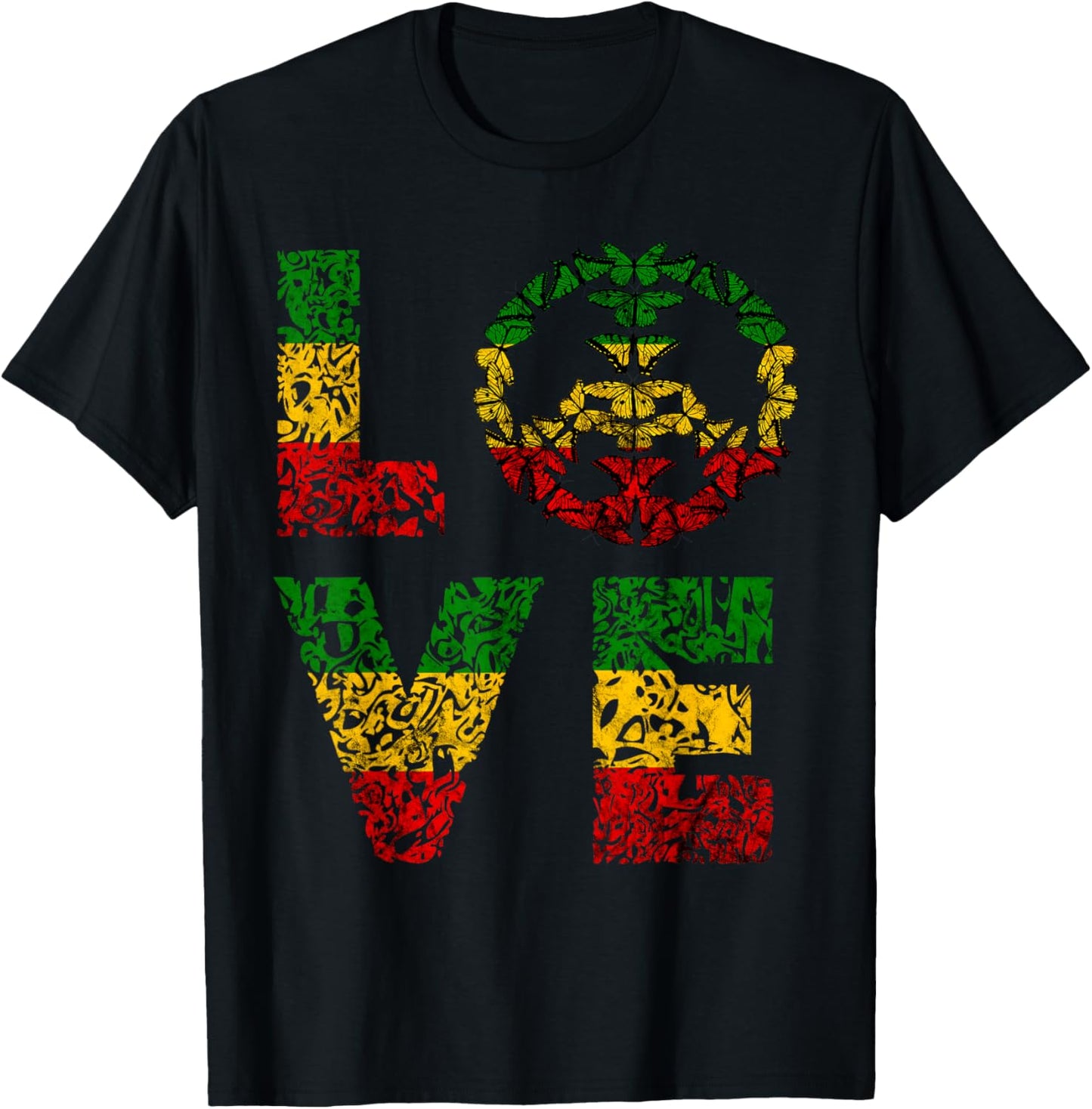 Love Butterfly Peace Symbol Reggae Rastafari Reggaeton T-Shirt - T-Shirt | Black
