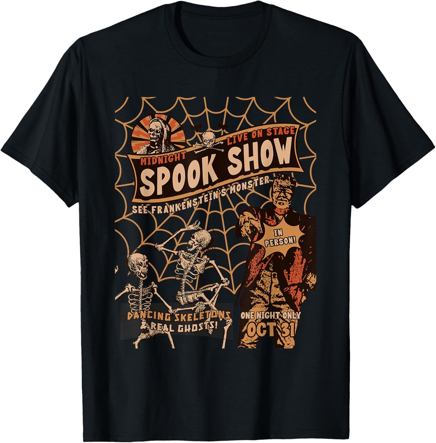 Retro Halloween Skeleton Horror Monster Midnight Spook Night T-Shirt - T-Shirt | Black