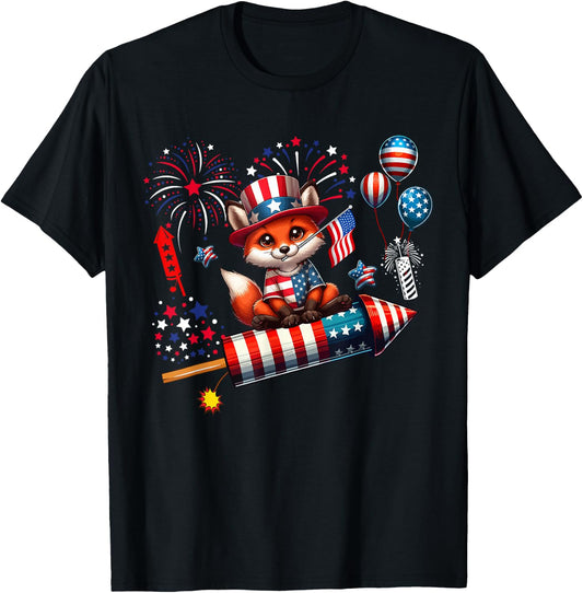 Fox Riding Firecracker US Flag 4th Of July Fireworks T-Shirt - T-Shirt | Black
