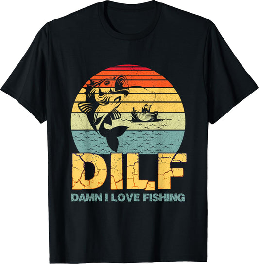 DILF Damn I Love Fishing Funny Saying Fishermen Vintage T-Shirt - T-Shirt | Black