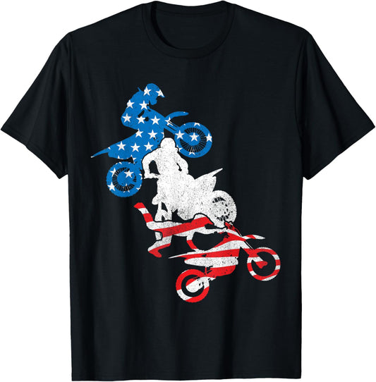 Dirt Bike Rider Blue White Red US Flag Motocross 4th of July T-Shirt - T-Shirt | Black