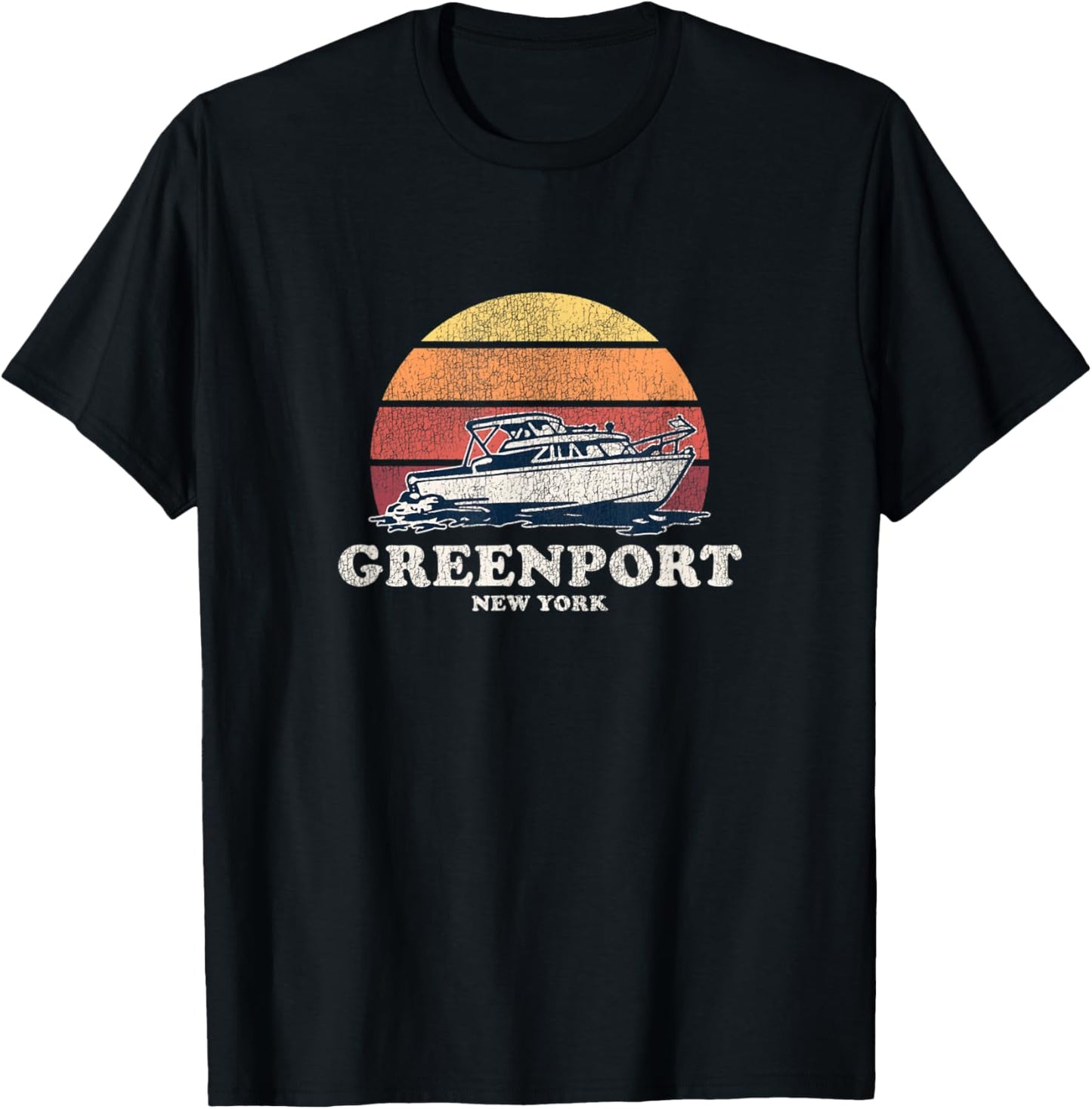 Greenport NY Vintage Boating 70s Retro Boat Design T-Shirt - T-Shirt | Black