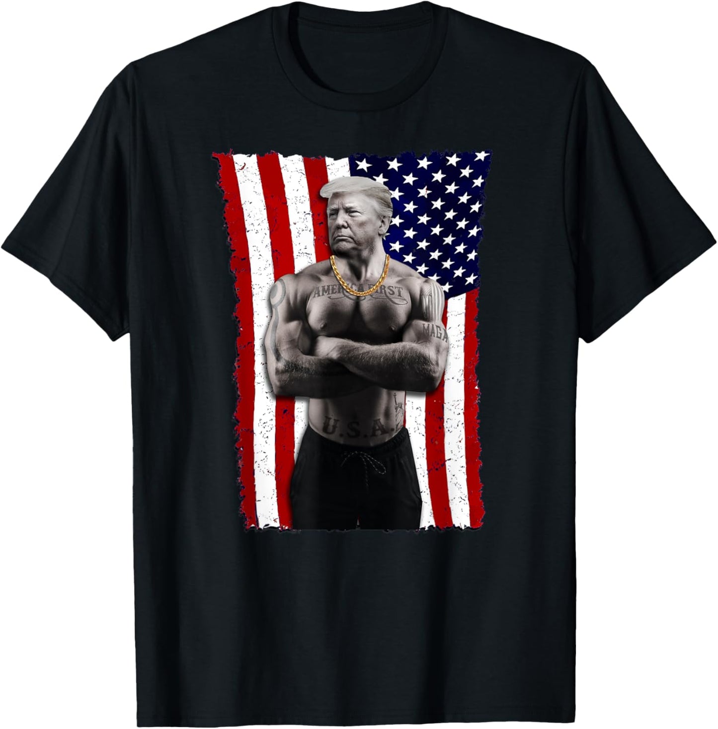 Gangster Pro Donald Trump Tattoo Republican American Flag v4 T-Shirt - T-Shirt | Black