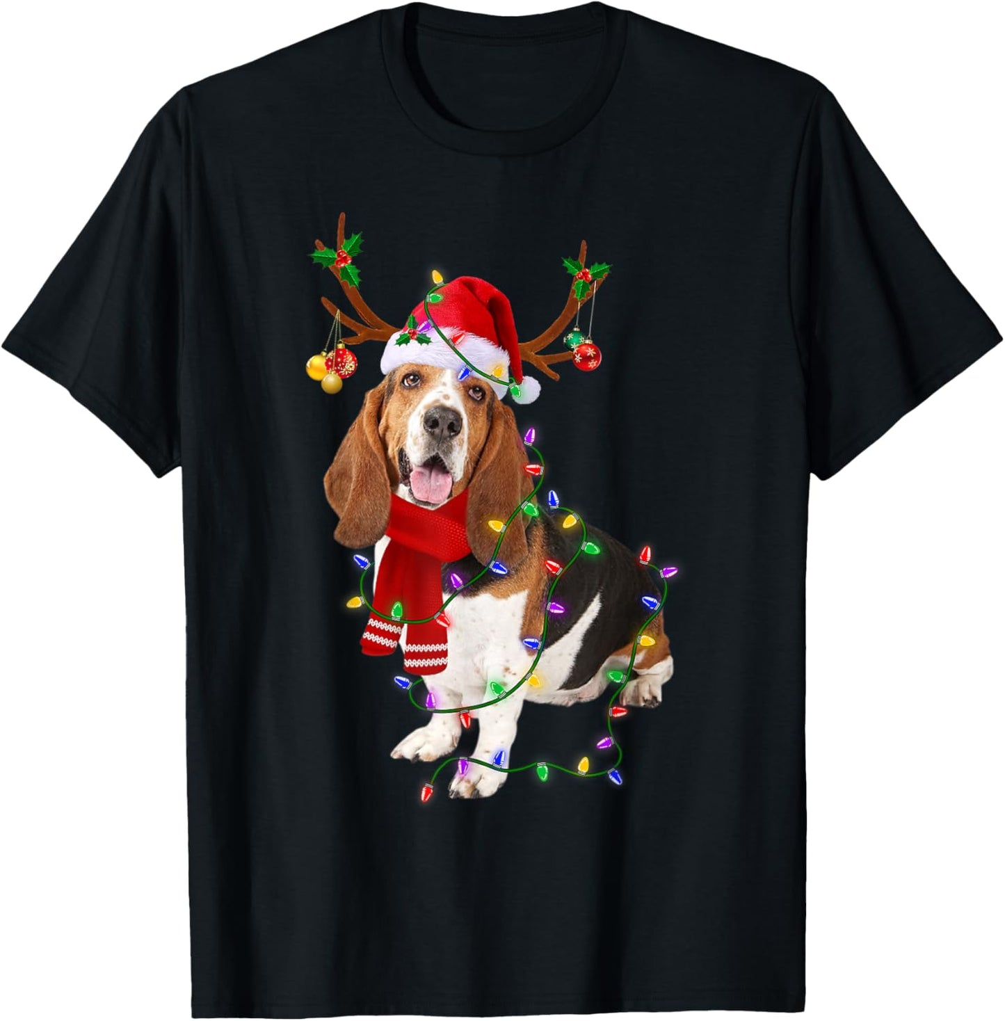 Basset Hound Christmas Lights Xmas Matching Family Dog Lover Women Kids T-Shirt - T-Shirt | Black
