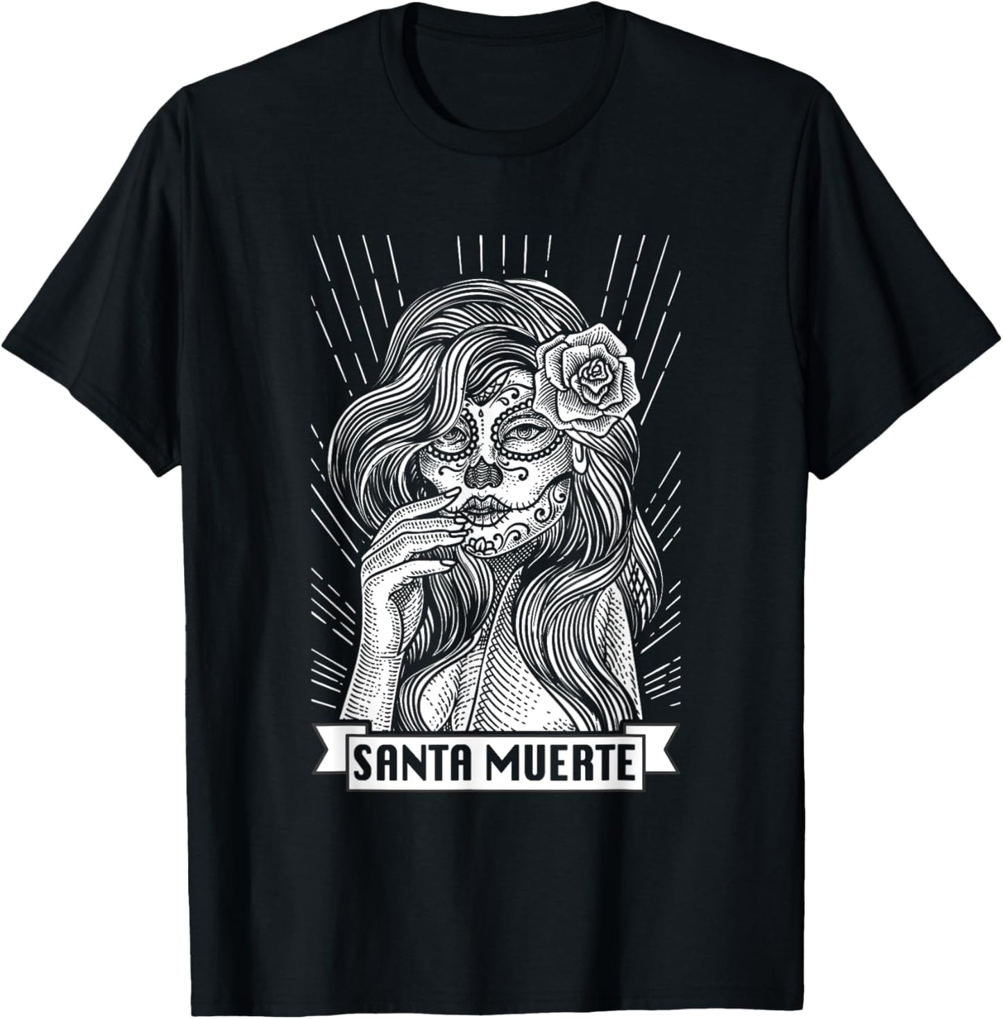 Santa Muerte Female Deity Satanic Mexican Dead Sugar Skull T-Shirt - T-Shirt | Black