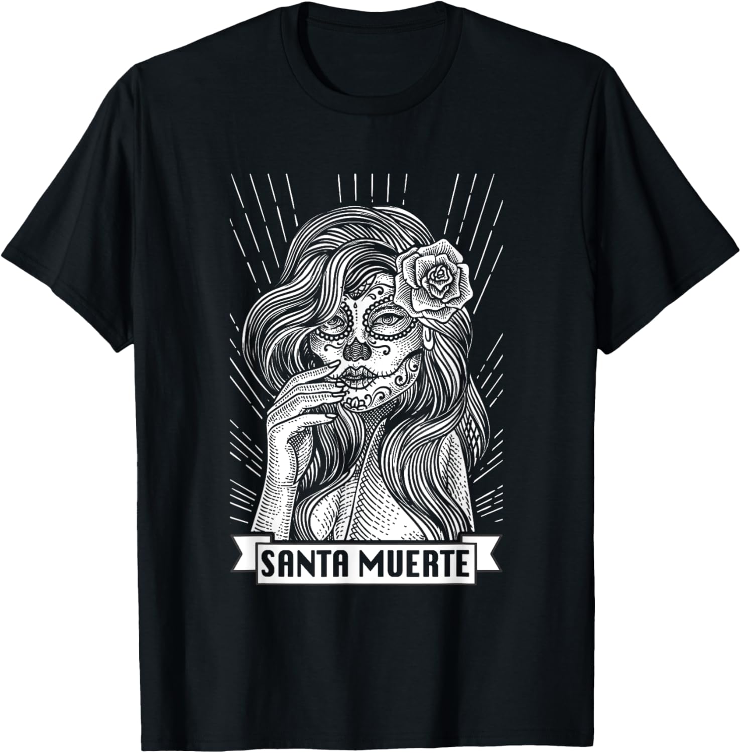 Santa Muerte Female Deity Satanic Mexican Dead Sugar Skull T-Shirt - T-Shirt | Black